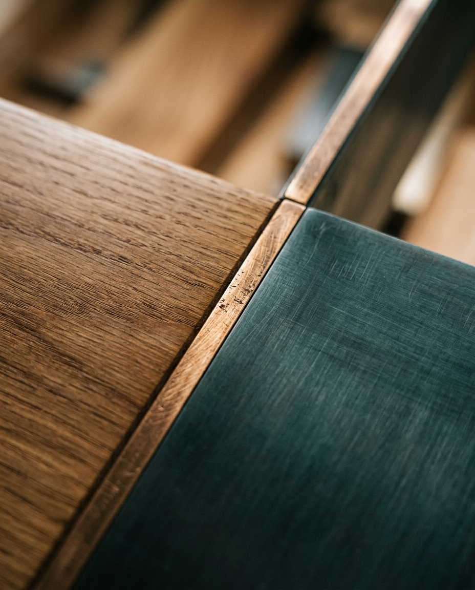 Tactile detail of oak and dark steel design elements